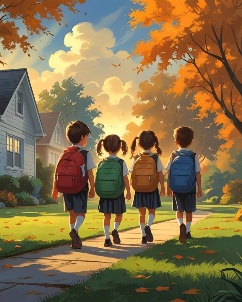 4 young kids going to school walking on yard 4 young kids going to school walking on yard