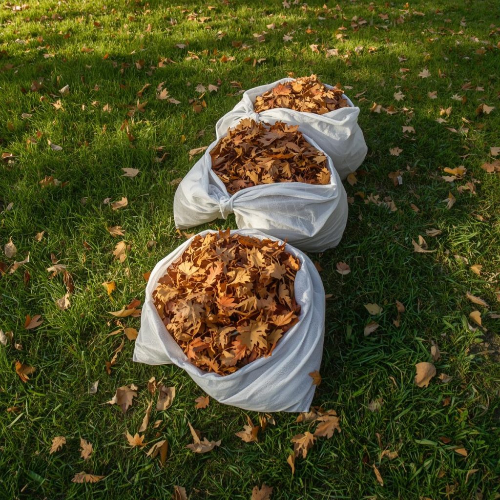 Three bags filled with autumn leaves