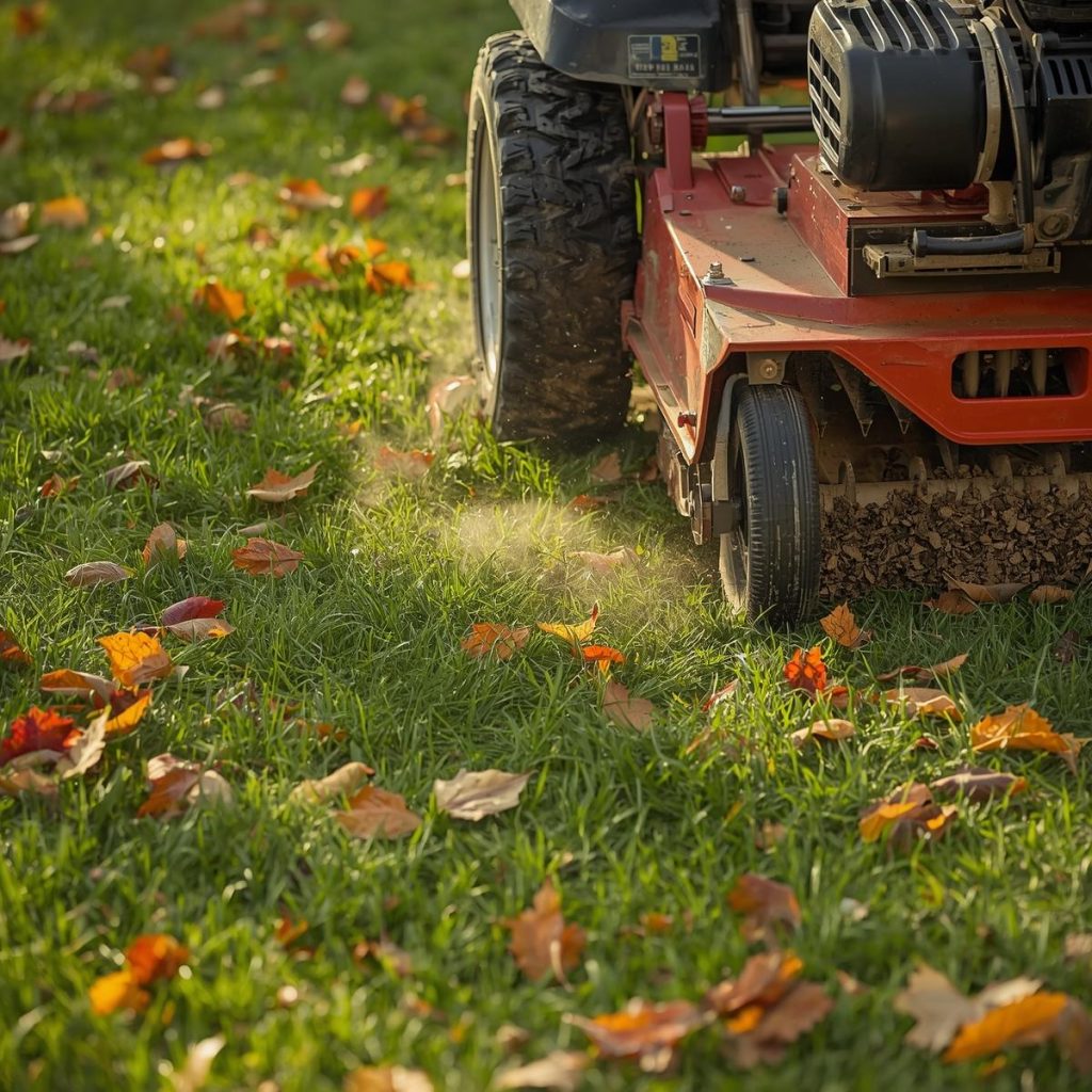 Aerator on grass with fallen leaves