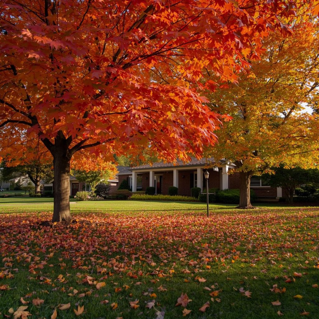 Vibrant autumn trees with fallen leaves.