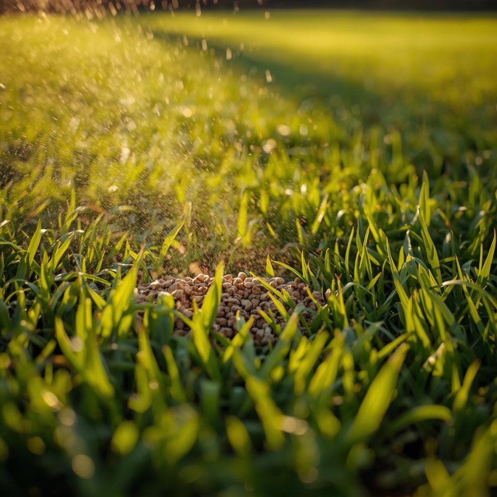 Granules being spread on lush grass